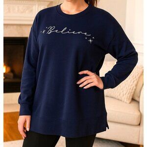 Teddi Rose M Believe Holiday Sweatshirt Crewneck Pullover Sweater Shirt Blue